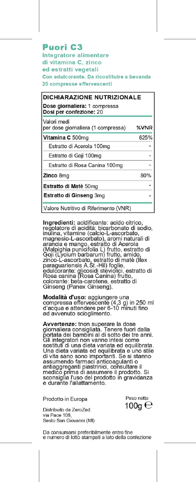 Puori C3 - Bevanda effervescente naturale alla vitamina C - 20 porzioni